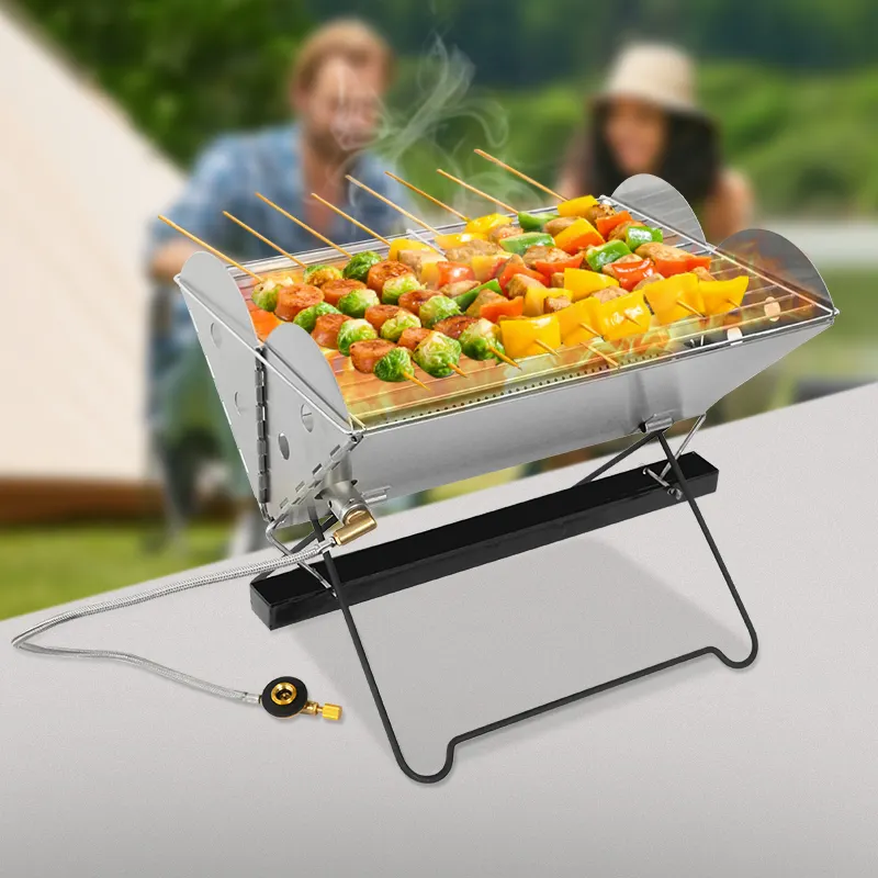 V tipo acciaio inox Flat Pack gas Barbecue 3mm Ultra sottile compatto a forma di X pieghevole Barbecue & fuoco Pit 2 in 1 portatile