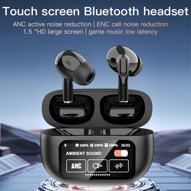 ANC and ENC Noise Canceling Earbuds With Smart Touch Screen TWS in Ear Earphones With Microphone
