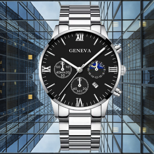 GENEVA-0121 New Men's Steel Belt Watch Business Calendar Quartz Watch