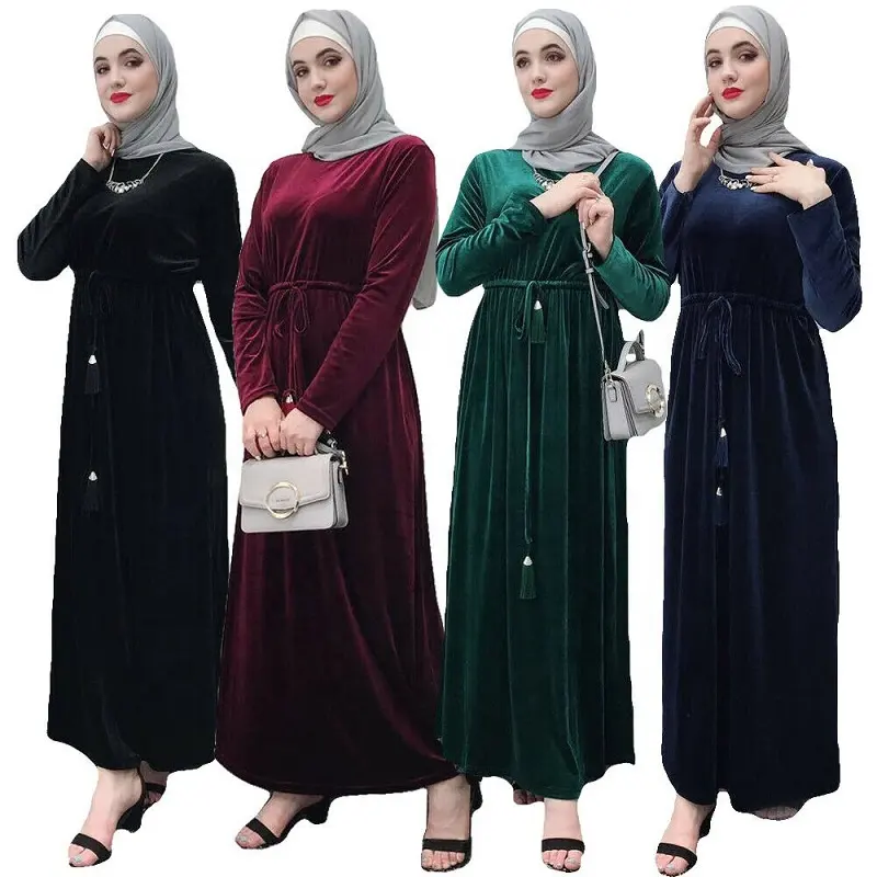 गर्म बिक्री इस्लामी abaya मुस्लिम महिलाओं लंबी आस्तीन मखमल मैक्सी पोशाक दुबई कफ्तान पार्टी पोशाक