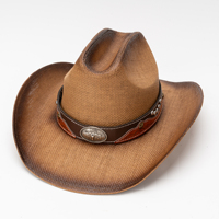 Chapeau de cowboy en paille de papier, style américain, façon cow-boy, à large bord façonnable, avec cornes, pour homme