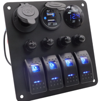 Panel de interruptores basculantes marinos de 4 posiciones, impermeable, con encendedor de coche, toma USB tipo C, voltímetro LED y disyuntores para embarcaciones