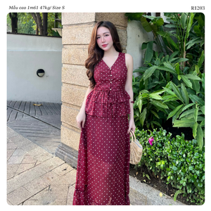 Women’s Polka Dot Chiffon Two Piece Set V Neck Peplum <b>Top</b> <b>Flowy</b> Maxi Skirt Co Ord Set OEM ODM Wholesale Vietnam Manufacturer - Product Image 3