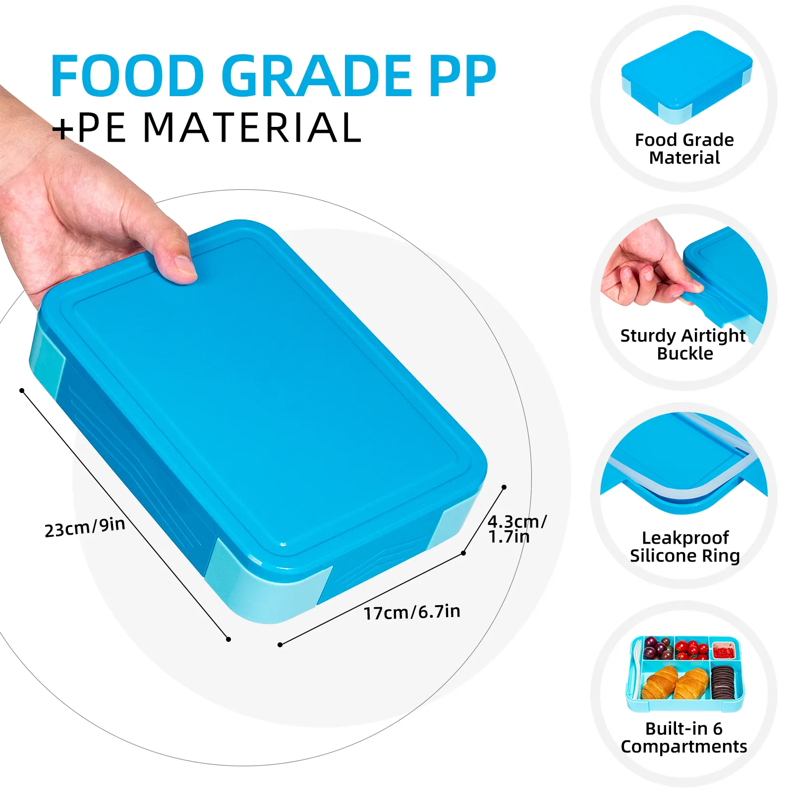 Pasokan pabrik microwave aman 6 kompartemen plastik kantor sekolah wadah makan siang dengan sendok kotak makan siang untuk anak-anak kotak bento