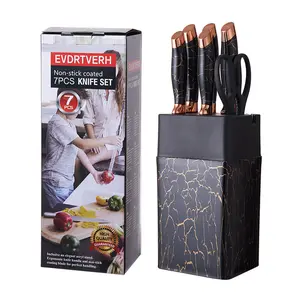 Stainless Steel Kitchen Knife Set With Rose Gold Coated Plating Marble Pattern Handle 7 PCS Chef Knife Set With Plastic Block