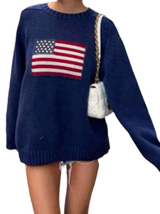 Sweater Wanita Eropa Amerika Retro Mewah Lengan Panjang Kerah O Vintage Motif Bendera Musim Gugur Musim Dingin Rajutan Metode Tenun Depan - Product Image 4