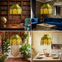 Lampe suspendue vintage en velours vert clair de style victorien avec pampilles perlées pour la décoration intérieure de café et d'hôtel