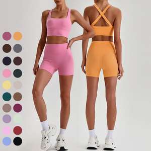 Conjunto Deportivo de <span class=keywords><strong>2</strong></span> Piezas para Mujer, Sujetador Deportivo Cruzado y Pantalones Cortos de Ciclismo, Conjuntos de Gimnasio y Fitness - Product Image 1