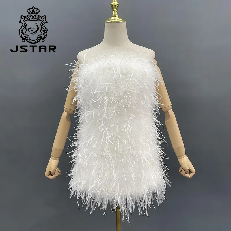 White Ostrich Feather Short Dresses Causal Feather Skirt Dress Fuzzy Skirt