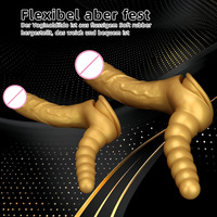 Vente en gros usine Godemiché double extrémité en silicone doré en forme de U, à double tête, avec ventouse, 100% étanche, extra-long, surdimensionné, pour lesbiennes