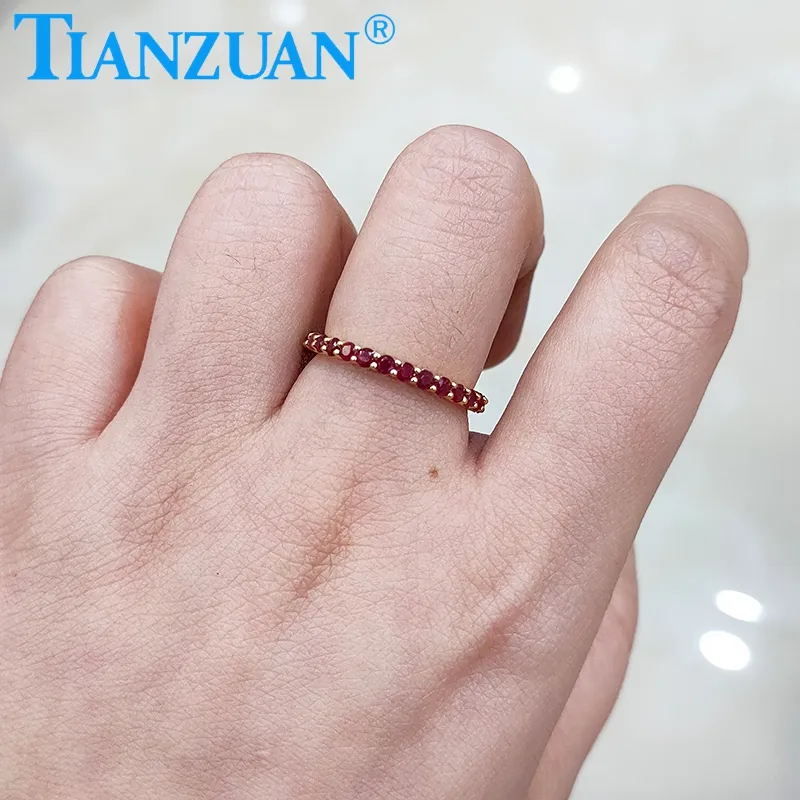 Natural pigeon blood red rubi 925 prata anel de Banda Eternidade 2mm forma redonda cheia de jóias banda de namoro.