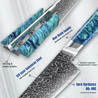 Grandsharp Kitchen 129-laags Japans Damascus staal messenset met koksmes, Santoku, Nakiri, utility- en schilmes, met blauw hars handvat