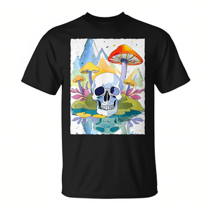 T-shirt unisexe à col rond et manches courtes avec motif de crâne et de champignons en aquarelle, impression numérique, design artistique - Product Image 2