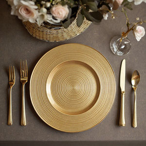 Placas de cargador contemporáneas de vidrio de rayas rojas/amarillas de lujo de 13 pulgadas, platos bajos redondos transparentes ecológicos para eventos - Product Image 1