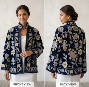 Veste matelassée en velours brodée de fleurs pour femme, col mandarin, manches longues, style élégant d'hiver, fermeture éclair, coton - Product Image 3
