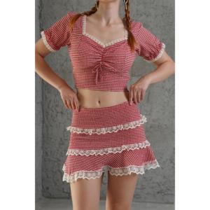 Lustrin Women's <b>Red</b> Checkered Pattern <b>Crop</b> <b>Top</b> and Mini Skirt Two-Piece Set - Stylish Polyester Blend Wholesale Outfit - Product Image 1