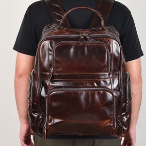 Genuine Leather <b>Backpack</b> <b>15</b> <b>Inches</b> <b>Laptop</b> Bag For Men Casual Business Style Oil Wax Finish Solid Color Durable Design - Product Image 1