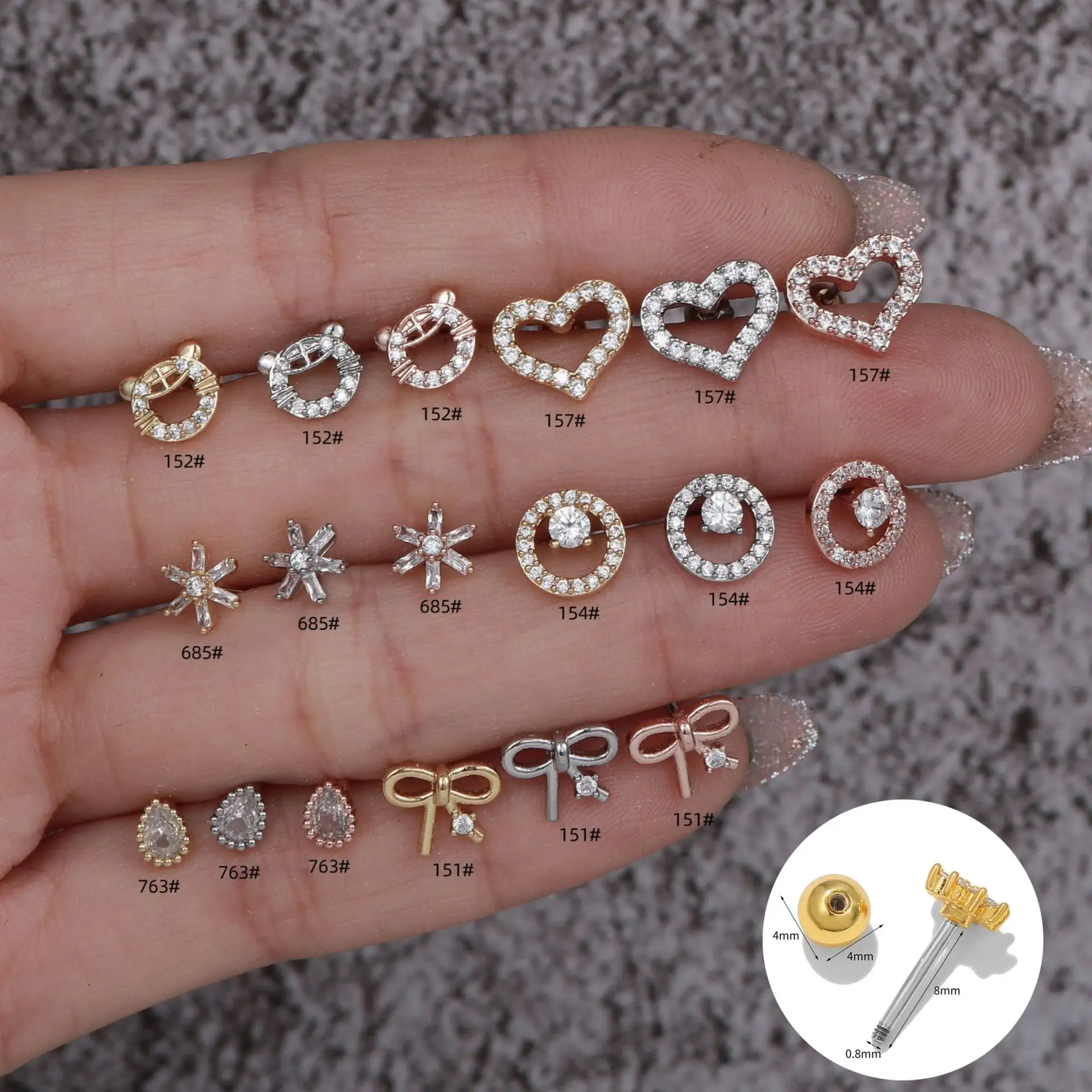 Zircon ear bone stud stainless steel rod hot girl ear-caring ear bone pin sleeping no need to take off diamond earrings