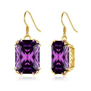 Anting-anting Amethyst persegi emas 18K buatan tangan perhiasan anting-anting panjang perak murni 925 Sterling pesta pernikahan wanita