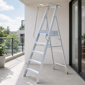 FINE Industrial Modern Aluminum Folding <strong>Ladder</strong> with Wheels 150kg Load Capacity Portable Design for Warehouse &amp; Factory Use - Product Image 1