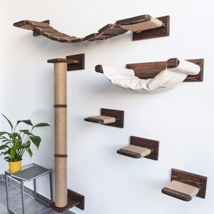 Solid Wood Wall Mounted Cat Tree 4 Levels Sisal <b>Scratching</b> <b>Post</b> Modern Design Cat Hammock Climbing Frame - Product Image 1
