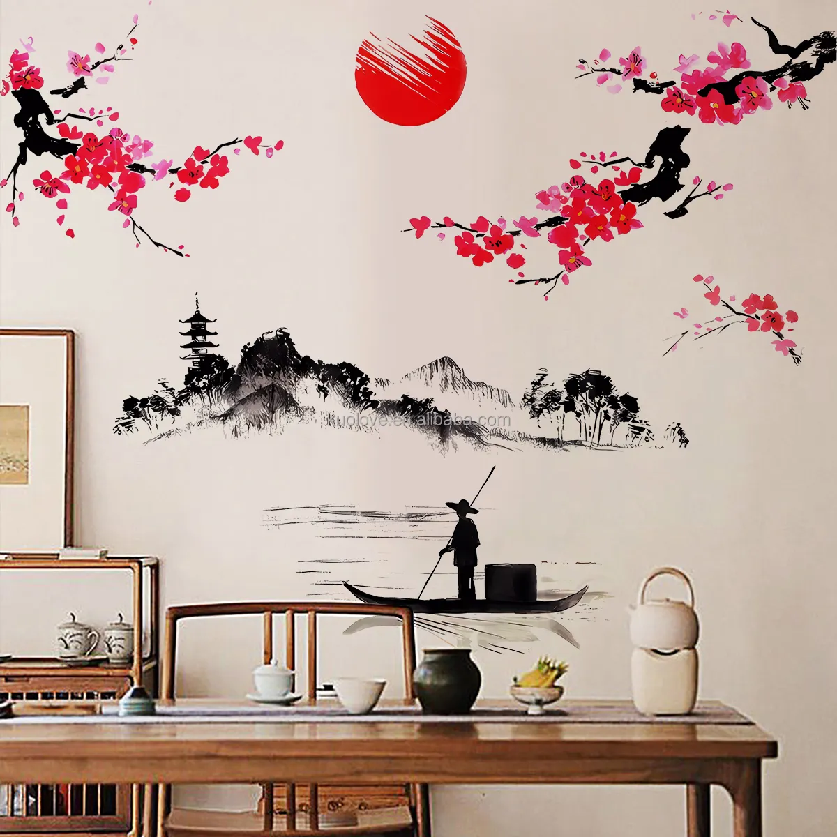 Çin manzara boyama sunset erik çiçeği duvar çıkartmaları yatak odası oturma odası dekorasyon duvar kağıdı kendinden yapışkan çıkartmalar