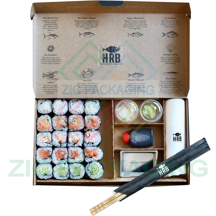 ZIC Logo kustom sekali pakai 5 kompartemen bentuk persegi panjang lipat kertas Sushi kotak makan siang Bento wadah dengan tutup