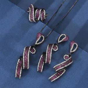 Wholesale Fashion Eco-friendly Copper Black Gold Plated Micro Pave Red Zircon Bow Pendant <b>Earrings</b> Ring Jewellery <b>Set</b> - Product Image 3
