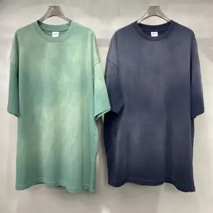 HIC Men's Washed Distressed T-shirt Oversized Vintage Solid Color T-shirt O-neck Off-shoulder T-shirt For Men