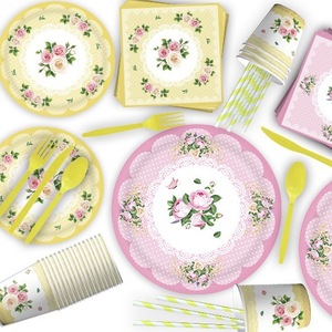 Fournitures pour fête du thé du printemps, 40-60 pièces, vaisselle en plastique et en papier, décorations d'anniversaire, assiettes rondes, couverts, serviettes, gobelets - Product Image 1