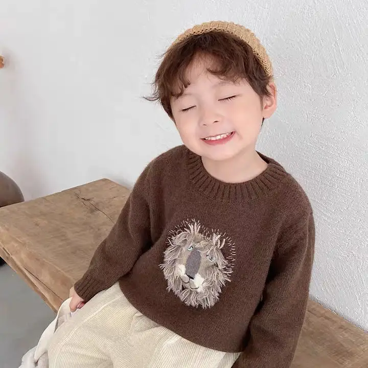 Chandails solides pour bébé garçon, automne hiver, design lion vintage, chemise tricotée chaude pour enfant en bas âge, tenue décontractée PDD38