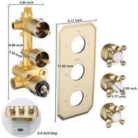 Kit de robinetterie thermostatique à 3 voies en laiton massif doré brossé, avec finition contemporaine, jet de pluie et 3 poignées