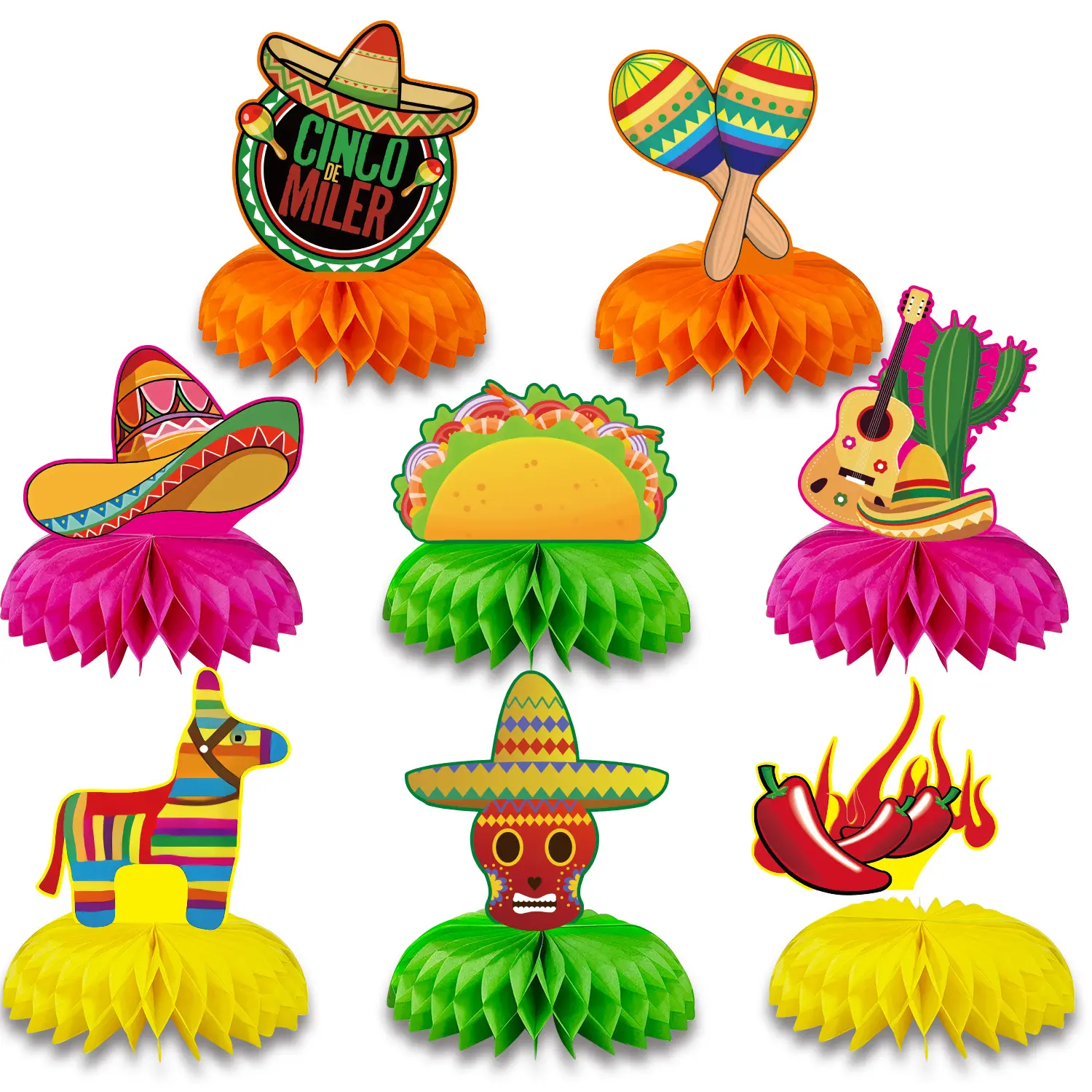 CIVI Dia de Muertos Themed Table Setting Kids Birthday Honeycomb Decoration 8PCS Day of The Dead Paper Honeycomb decor