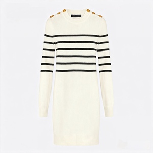 Women's Casual Knitted <strong>Dress</strong> with Shoulder Decorative Buttons Breathable Color-Block Horizontal Stripes - Product Image 3