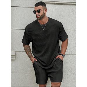Conjunto de camiseta y pantalones cortos con hombros caídos y textura para hombre, atuendos casuales de verano, transpirables, para tallas grandes y altas. - Product Image 5