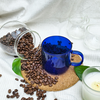 QIAOXING BP-00703 Tasse en verre borosilicate bleu avec poignée et soucoupe, écologique, moderne, pour thé, café, bière, personnalisation acceptée