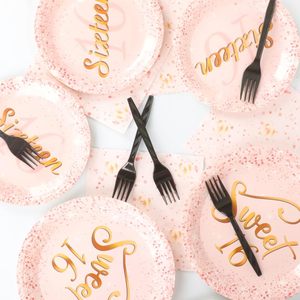 Vaisselle moderne pour 16e anniversaire Assiettes en papier aluminium rose or rose Thème doux Qualité merveilleuse Vente chaude Décorations pour 7 fêtes - Product Image 2