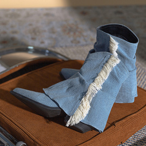 Estilo <span class=keywords><strong>de</strong></span> otoño Denim plisado borla puntiaguda tacones altos botas occidentales tubo bajo pantalones delgados botas cortas para mujeres zapatos <span class=keywords><strong>de</strong></span> seguridad - Product Image 4