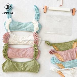 Bikini personnalisé en tissu jacquard à motif ondulé, ensembles de bikinis plissés en tricot, maillots de bain personnalisés - Product Image 1