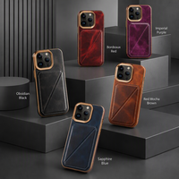 Casing Ponsel Kulit Sapi Asli Berlapis Lilin Mewah untuk iPhone 16 15 14 13 12 Pro Max dengan Slot Kartu Ganda Tersembunyi dan Penyangga