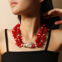 Haute qualité plaqué or 18 carats rouge et corail perle d'eau douce mode Double collier pour la fête