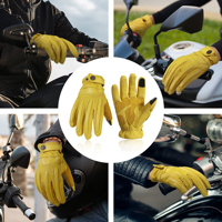 Gants de moto en cuir de chèvre jaune PRI à doigts entiers, design perforé, cuir pour écran tactile, gants de moto