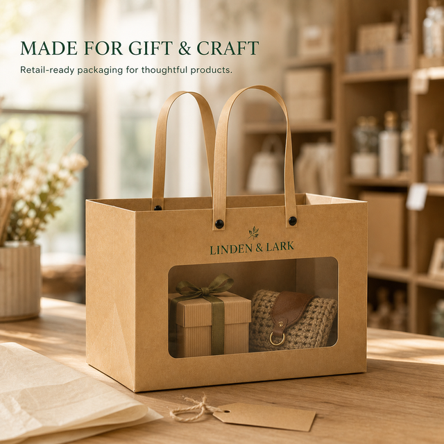 Kraft Paper Bag with Window Flexiloop Handle for Gift Displays, Craft Retail and Favor Packaging, Wholesale Custom Size Logo