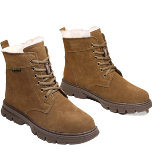 Bottes de neige en laine pour hommes, épaisses et chaudes, en cuir de vache, à talon moyen, pour le travail en extérieur, couleur unie, lacets avant - Product Image 5