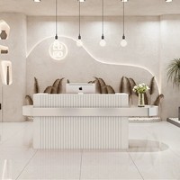 Bureau de réception moderne personnalisé en MDF laqué avec éclairage LED et étagère dorée étendue pour salon de beauté, clinique, hôtel