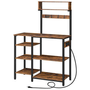 Étagère de boulangerie avec prise de courant Support pour micro-ondes avec 4 crochets 6 niveaux Étagère de rangement de cuisine Table de bar à café Marron rustique - Product Image 1