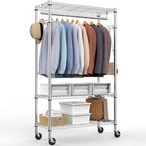 MZG Porte-vêtements sur roulettes robuste et moderne, design antidérapant, 3 niveaux, 1 barre et 3 étagères métalliques - Product Image 4