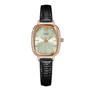 Montre élégante pour femme, ovale, sertie de diamants, en cuir véritable, élégante et de grande valeur, à quartz - Product Image 4