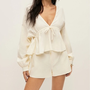 ชุดเซ็ตผู้หญิงขายดี OEM เสื้อผ้าฝ้ายลำลองและกางเกงขาสั้นมีกระเป๋า พร้อมเชือกผูกเอว กางเกงขาสั้นผ้าฝ้ายมีกระเป๋า - Product Image 3