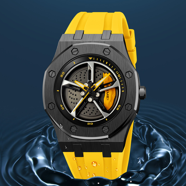 SKMEI 2359 Men's Luxury Sport Quartz Car Wheel Wristwatch Spinning Fashion 3ATM Silicone Analog Relojes Hombre Rotating Watches